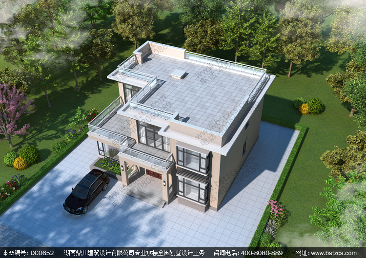 二层现代风格平顶自建房屋设计图纸及效果图_农村两层带露台小别墅
